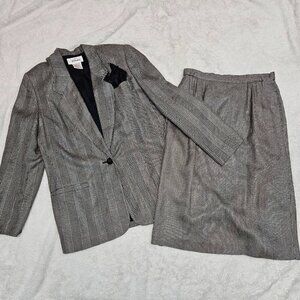 Vintage Worthington Black White Tan Houndstooth Plaid Office Suit Blazer Skirt 8